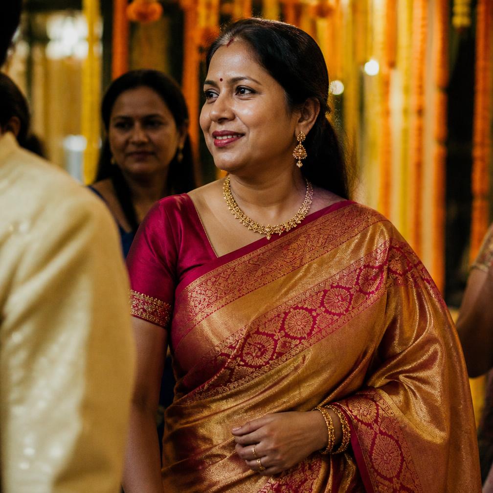 Woman in a deep maroon Kosa silk saree at an evening occasion