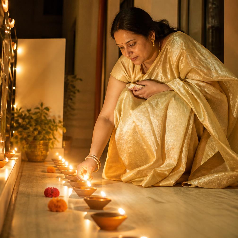 Bride in an ivory and gold Kosa silk saree